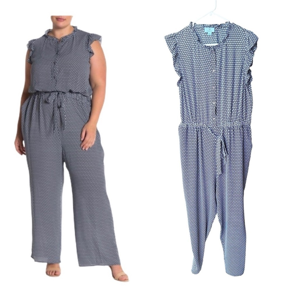 Cece Navy Blue Flutter Sleeve Swiss Dot V Neck Jumpsuit with Wide Leg Size L